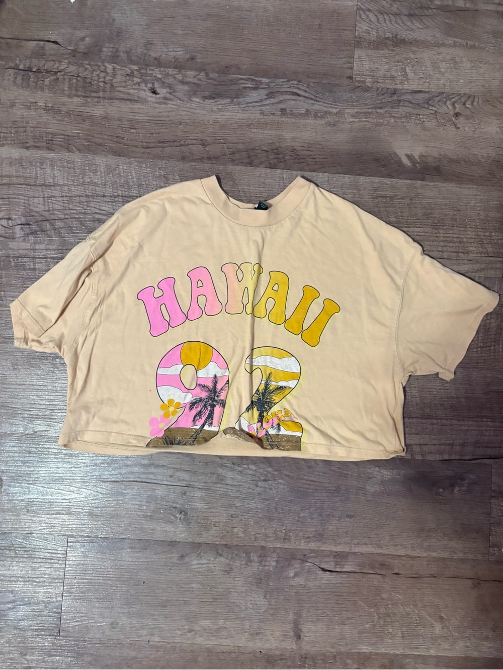 Wild Fable Hawaii 92 cropped tee with palm trees and sunset graphic